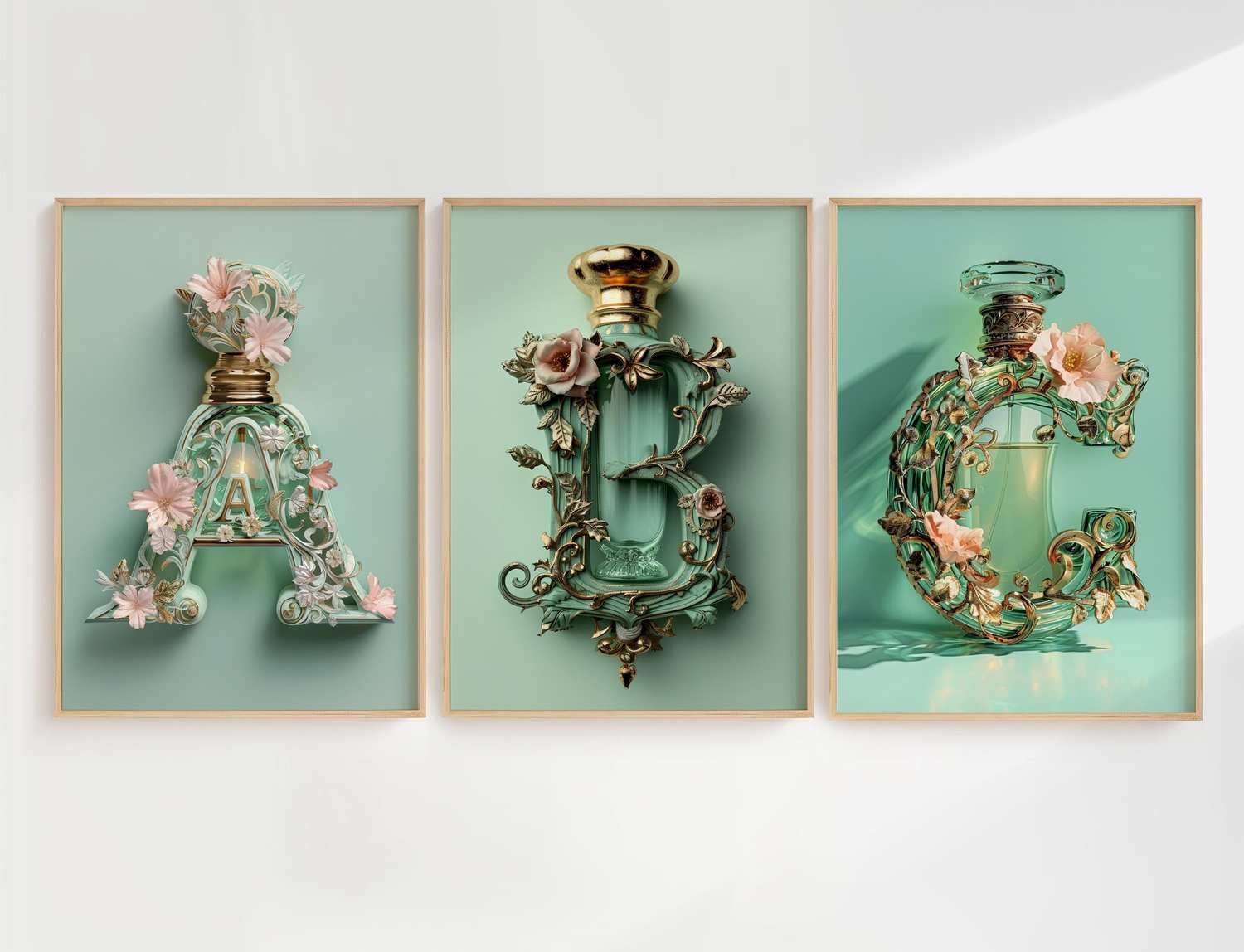 Personalized Alphabet Letter Poster – Choose Your Letter – Perfume Bottle Typography – Elegant & Luxurious Green Wall Art