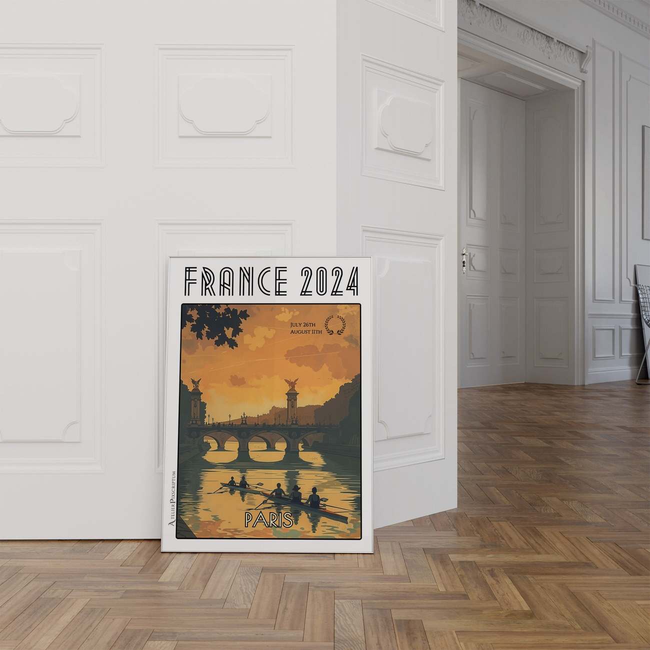 Rowing Poster Paris France 2024 - Athletes on the Seine - Sports Competition Print Illustrating the Spirit of the Games